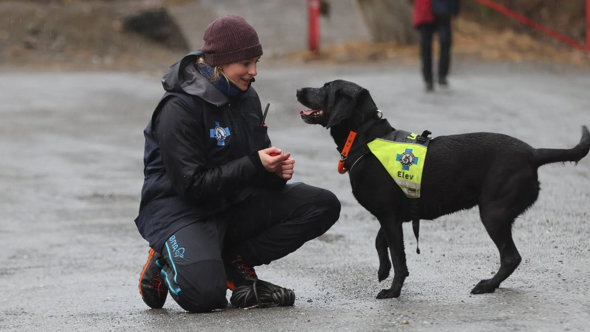 Marie Berntsen sitter på huk foran den svarte labradoren Leo, som er redningshundelev, og skryter av innsatsen.