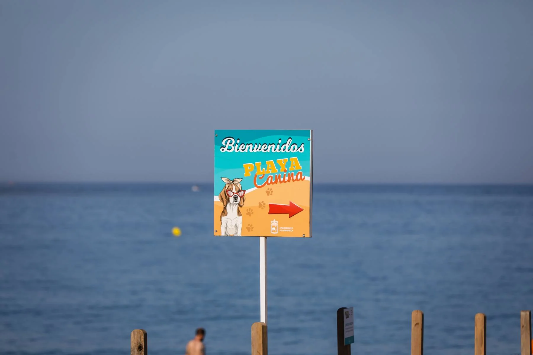 Et skilt viser vei til en hundestrand, med havet i bakgrunnen.