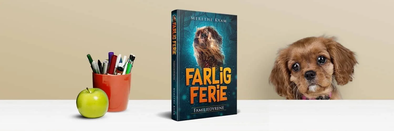 Boken «Farlig ferie» står på et bord ved siden av et eple og en hund.