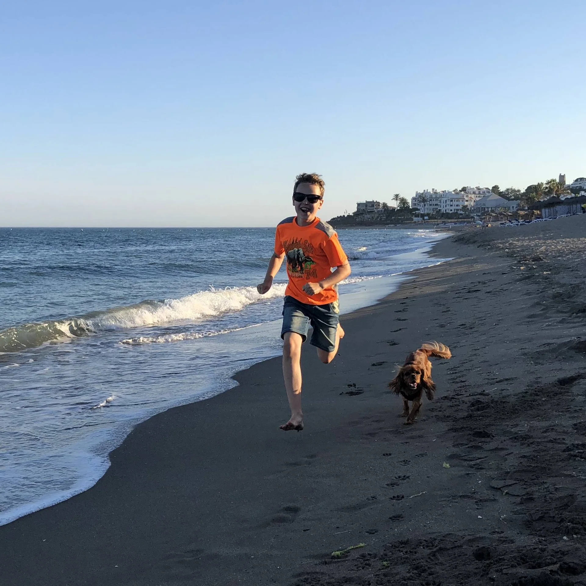 Et barn løper langs stranden med en liten, brun hund.